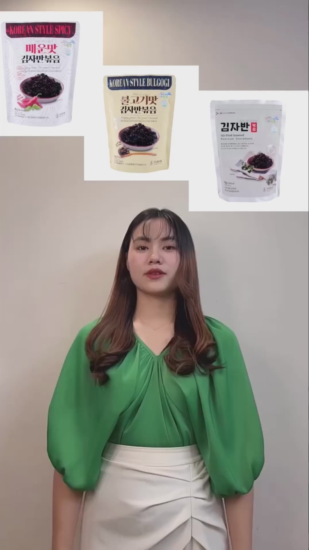 a woman standing in front of three bags of food